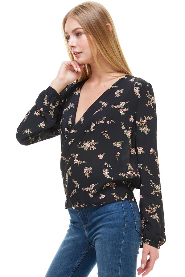 Long Sleeve Surplice Floral Top