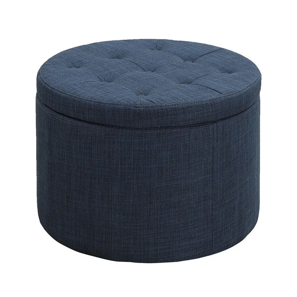 Dark Blue Linen Round Footstool with Shoe Storage