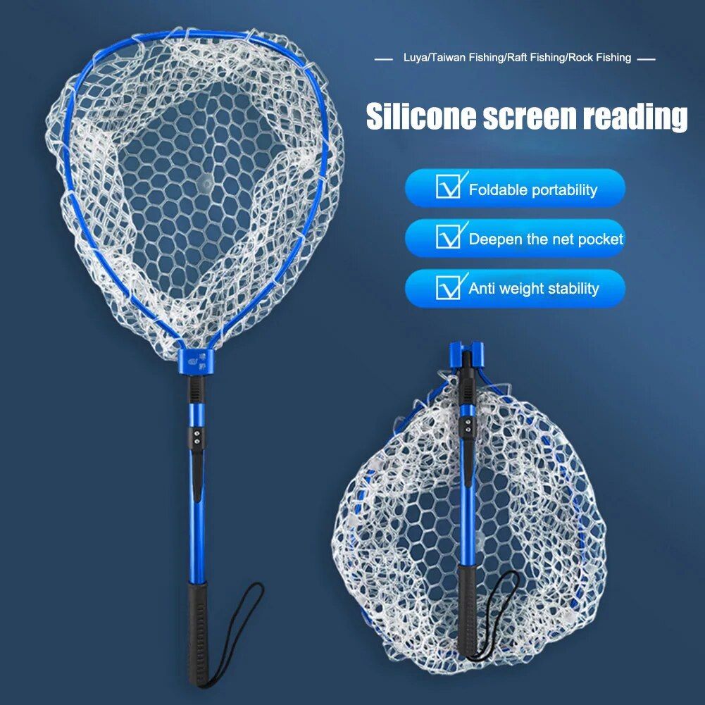 Ultra-Light Folding Fish Landing Net with Anti-Slip Handle and Rubber Mesh