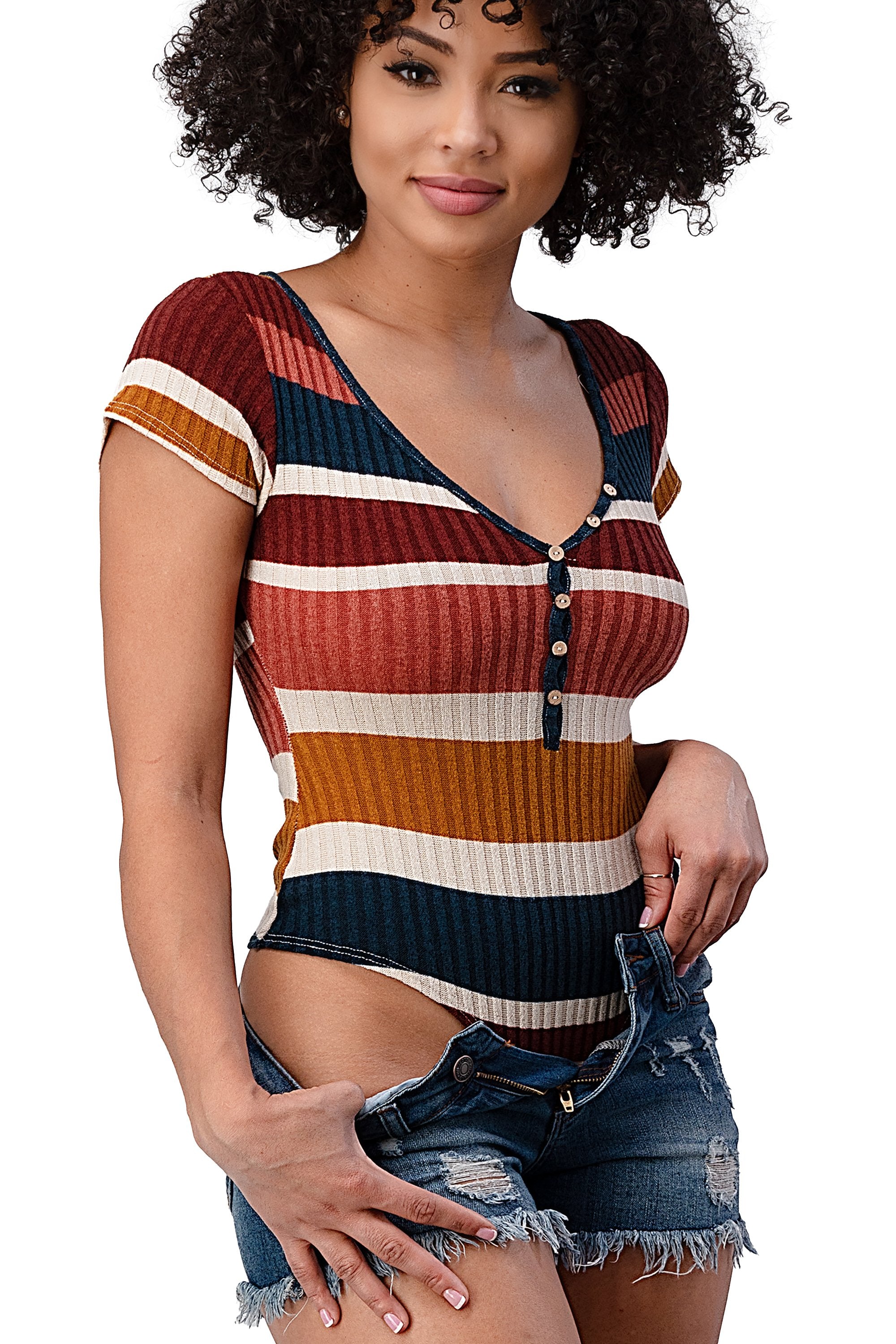 RIB MULTI STRIPE BUTTON NECK SHORT SLEEVE BODYSUIT