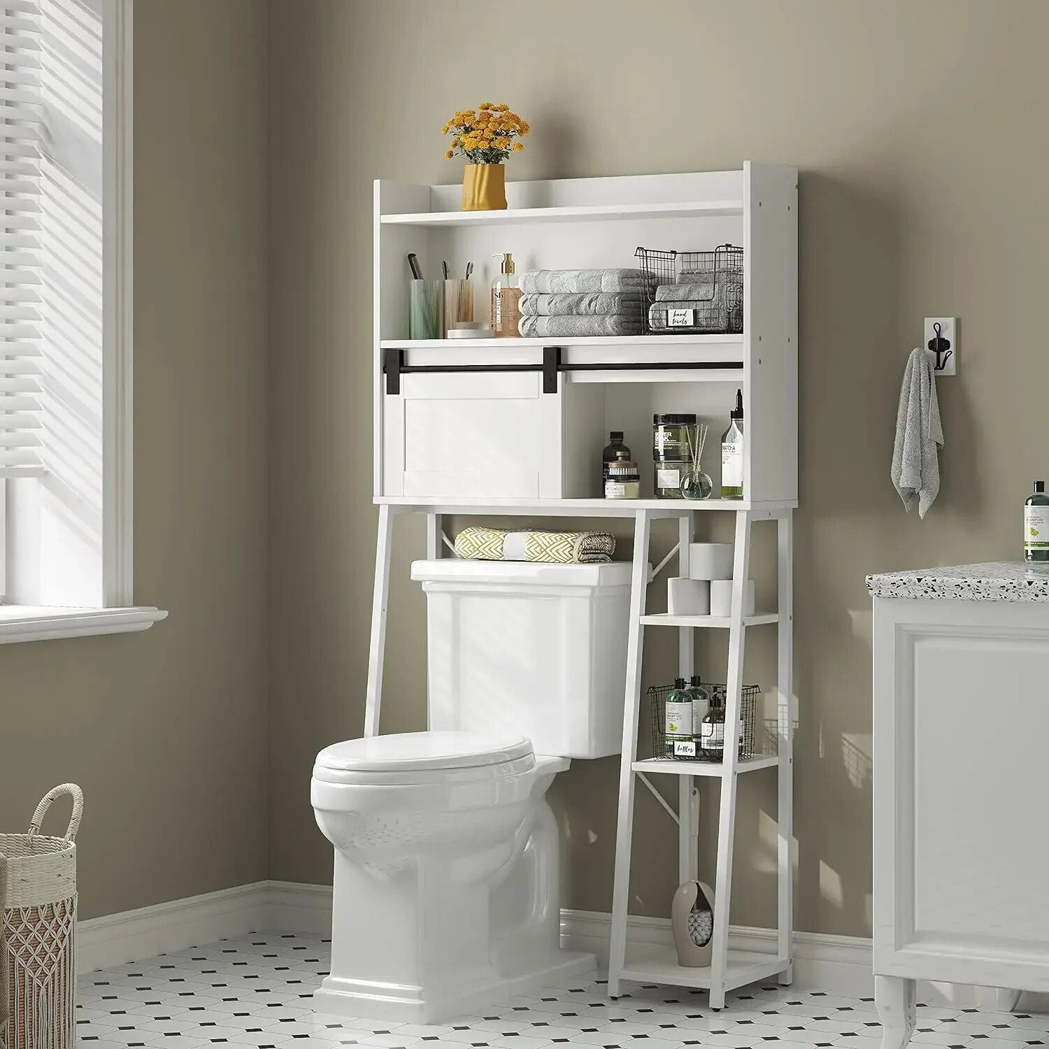 Elegant White 6-Tier Over-The-Toilet Storage Cabinet with Sliding Barn Door