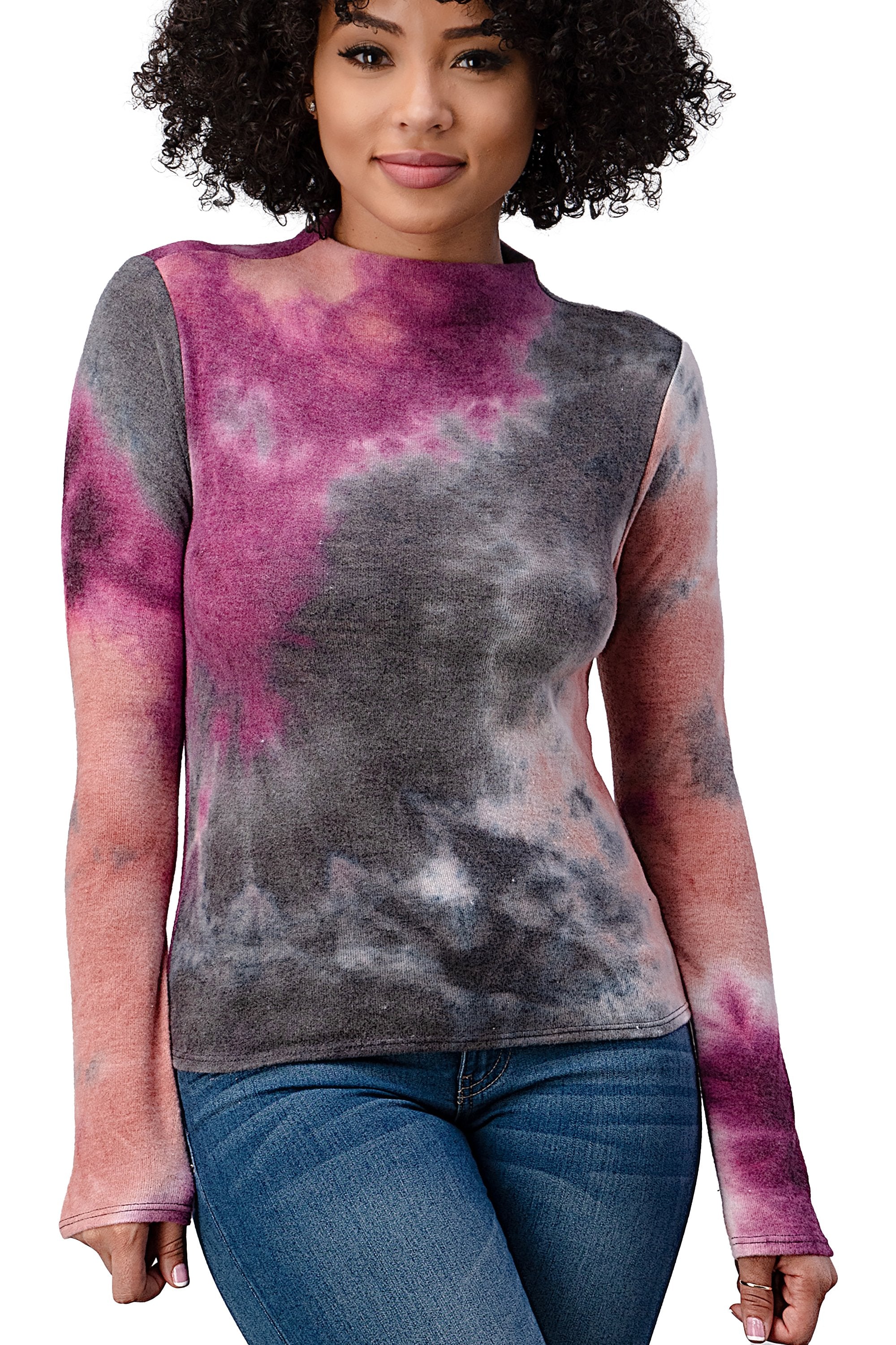 Brushed Knit Tie Dye Printed Mock Neck Long Sleeve Top