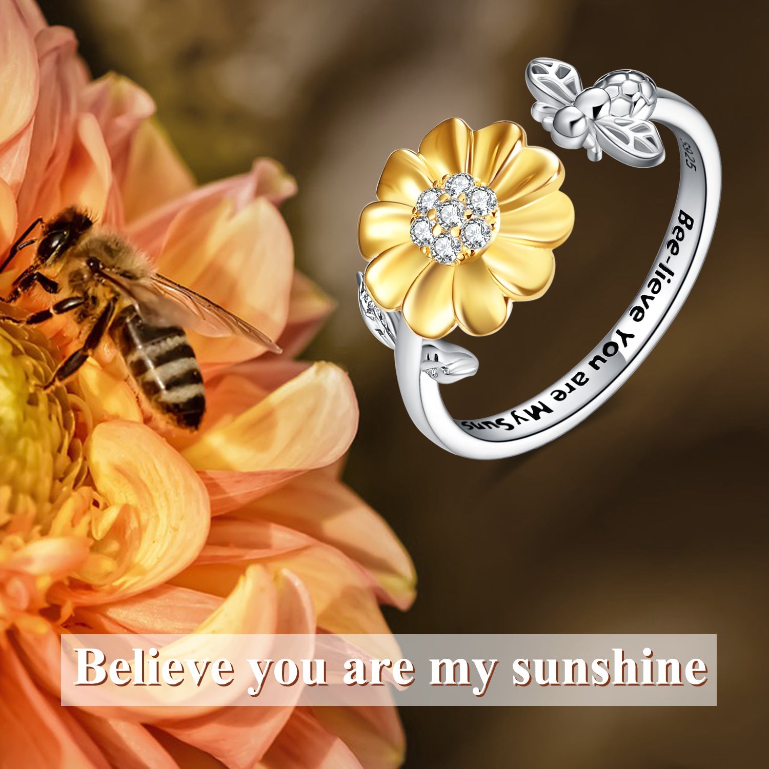 Sterling Silver Sunflower with Bee-live You Are My Sunshine Open