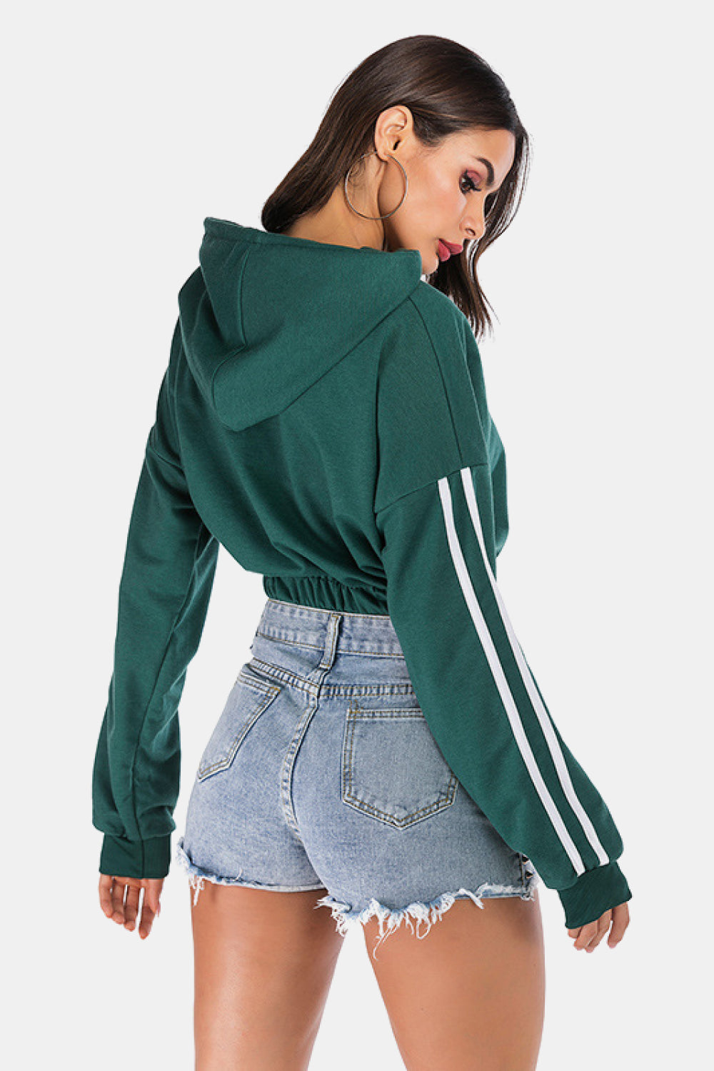 Full Size Side Stripe Elastic Waist Cropped Hoodie