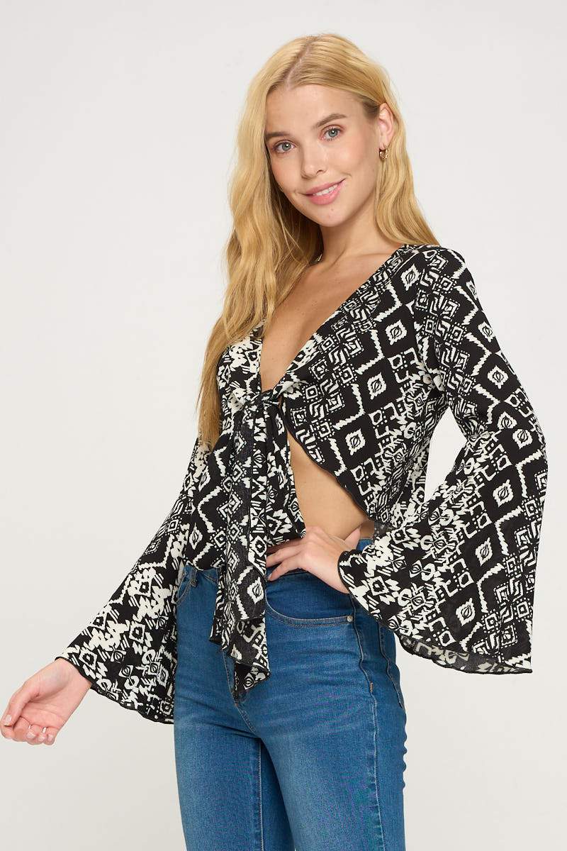 Tie Front Long Sleeve Crop Cardigan Ditsy Floral