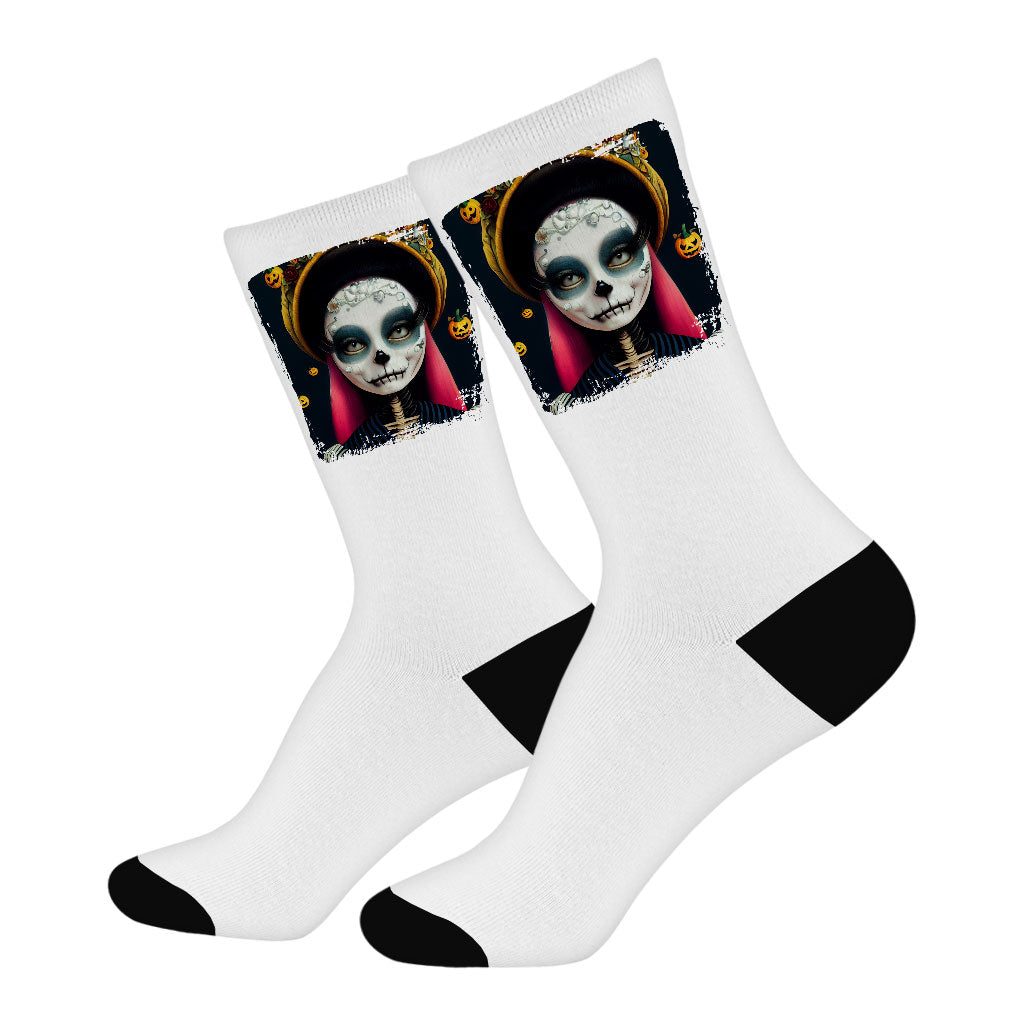 Skeleton Art Socks - Cartoon Girl Novelty Socks - Printed Crew Socks