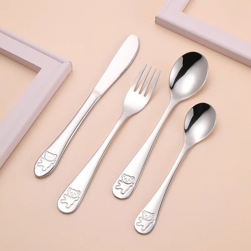 Kids' Adorable Cartoon Bear Stainless Steel Cutlery Set