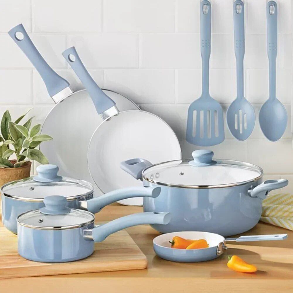 Deluxe Aqua 12-Piece Ceramic Nonstick Cookware Set - Eco-Friendly, Hand Wash Only