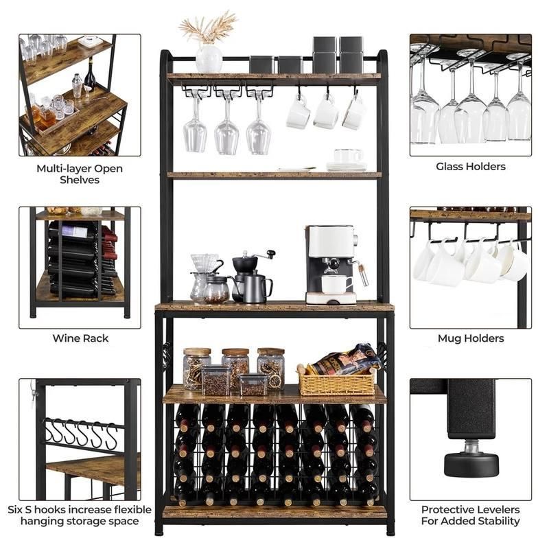 Rustic Brown 65" Wine Bakers Rack with Glass and Wine Storage for Home Bar