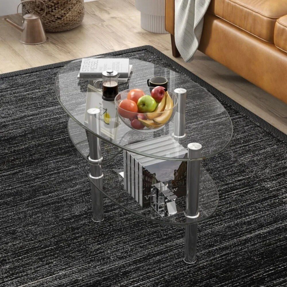 Elegant Oval Glass Coffee Table with Dual Storage Shelves and Metal Legs