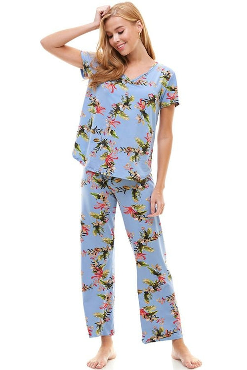 Loungewear set for women's floral print short sleeve and pants