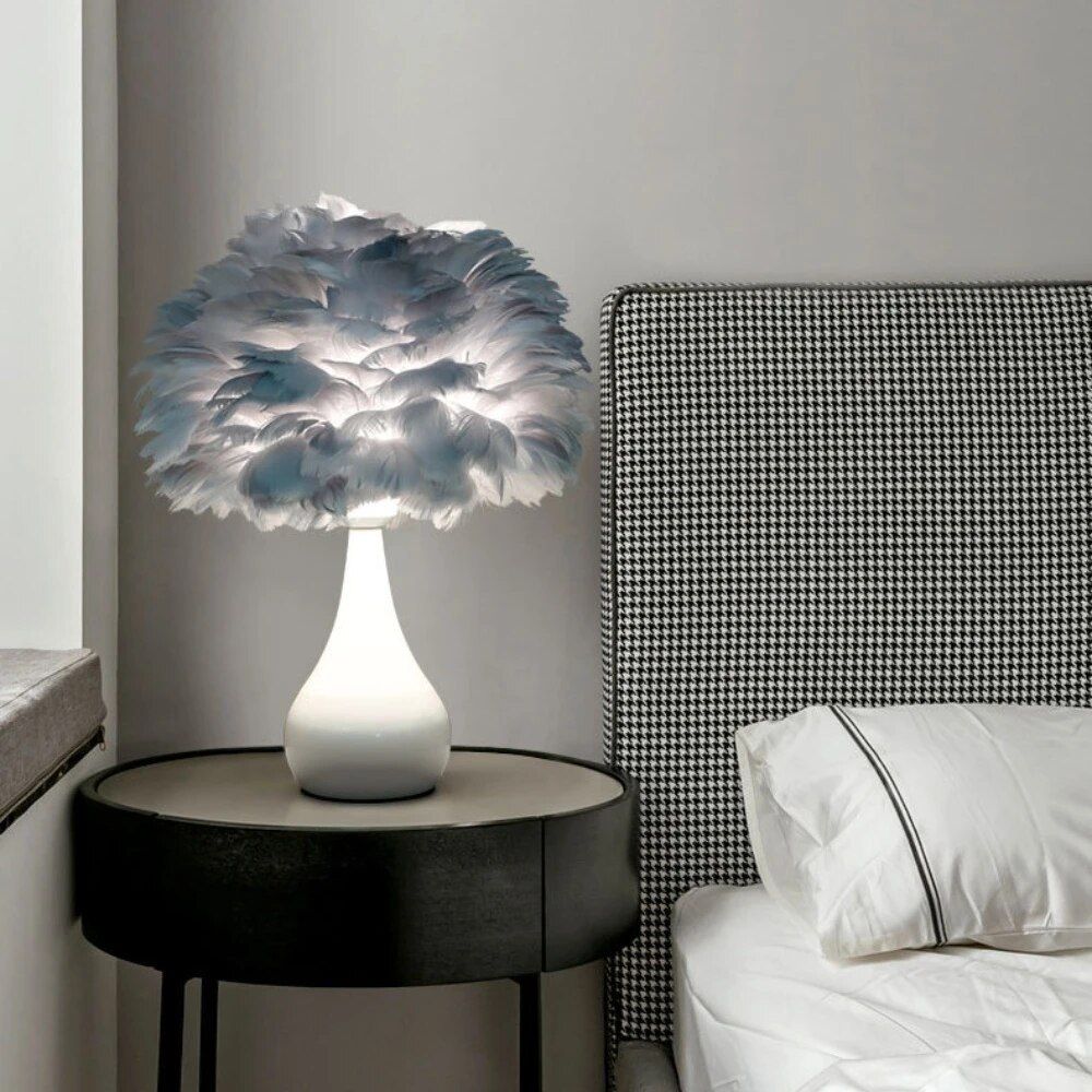 Chic White Feather LED Table Lamp - Fashionable Modern Decor for Bedroom & Living Room