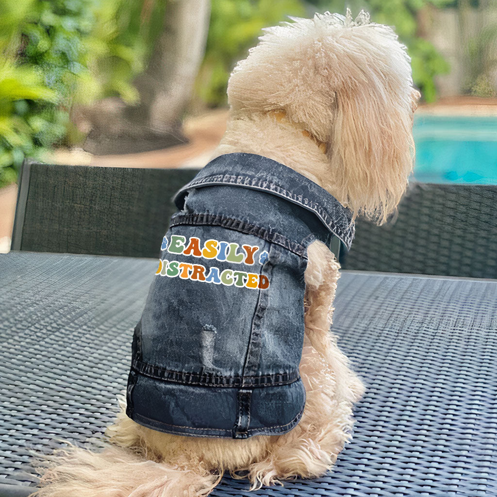 Easily Distracted Dog Denim Vest - Themed Dog Denim Jacket - Colorful Dog Clothing