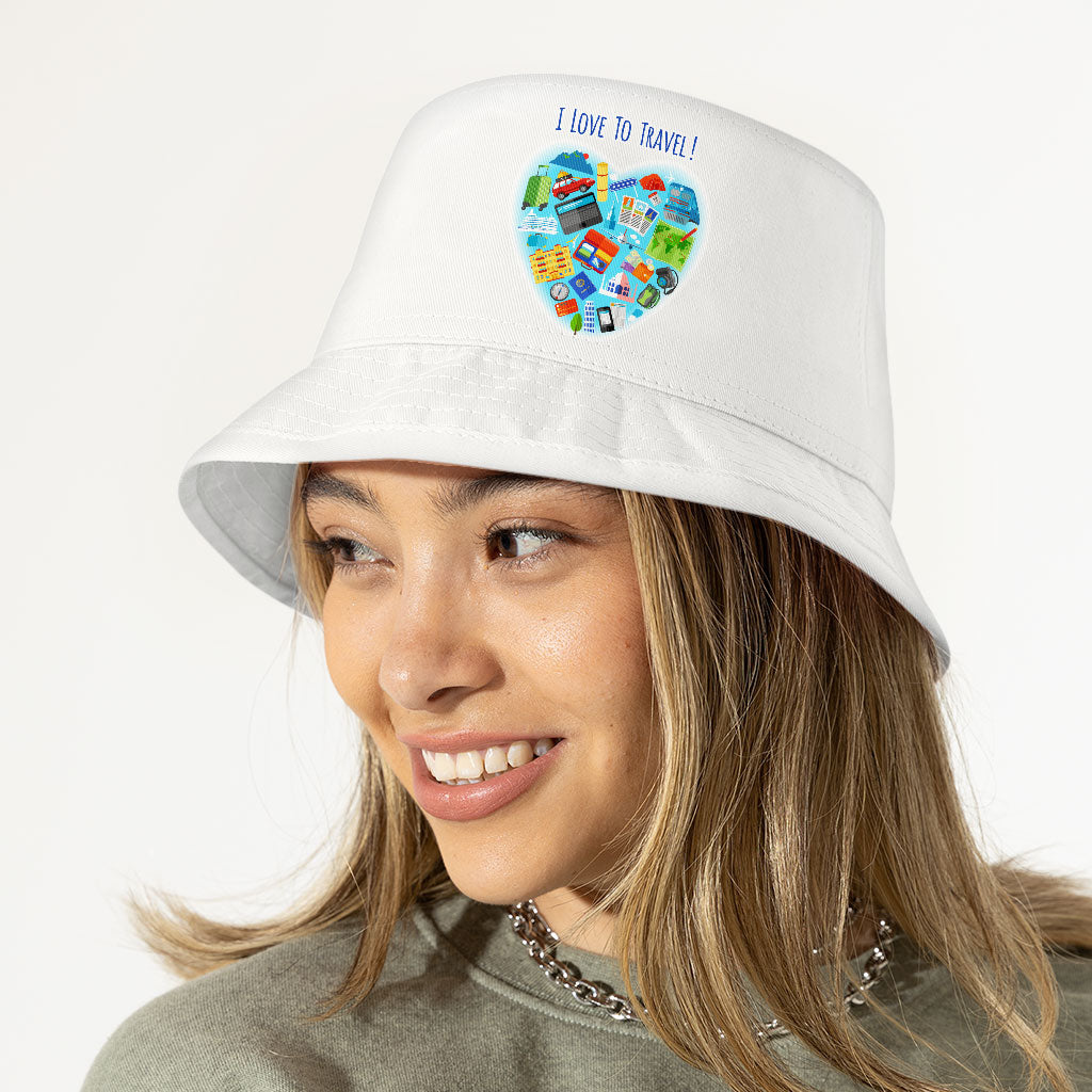 I Love to Travel Bucket Hat - Heart Hat - Colorful Bucket Hat