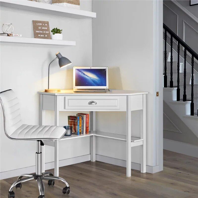 White Corner Writing Desk with Storage Drawer and Shelves