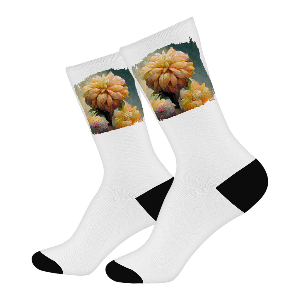 Yellow Dahlia Flower Socks - Flower Novelty Socks - Nature Crew Socks