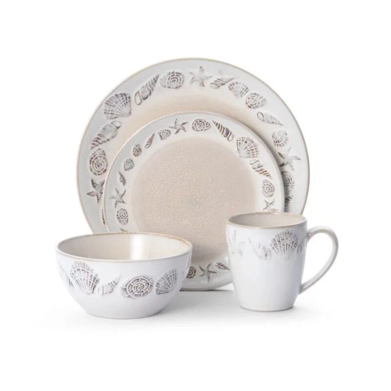 Coastal Charm Stoneware Dinnerware Set, 16-Piece, Seashore Embossed