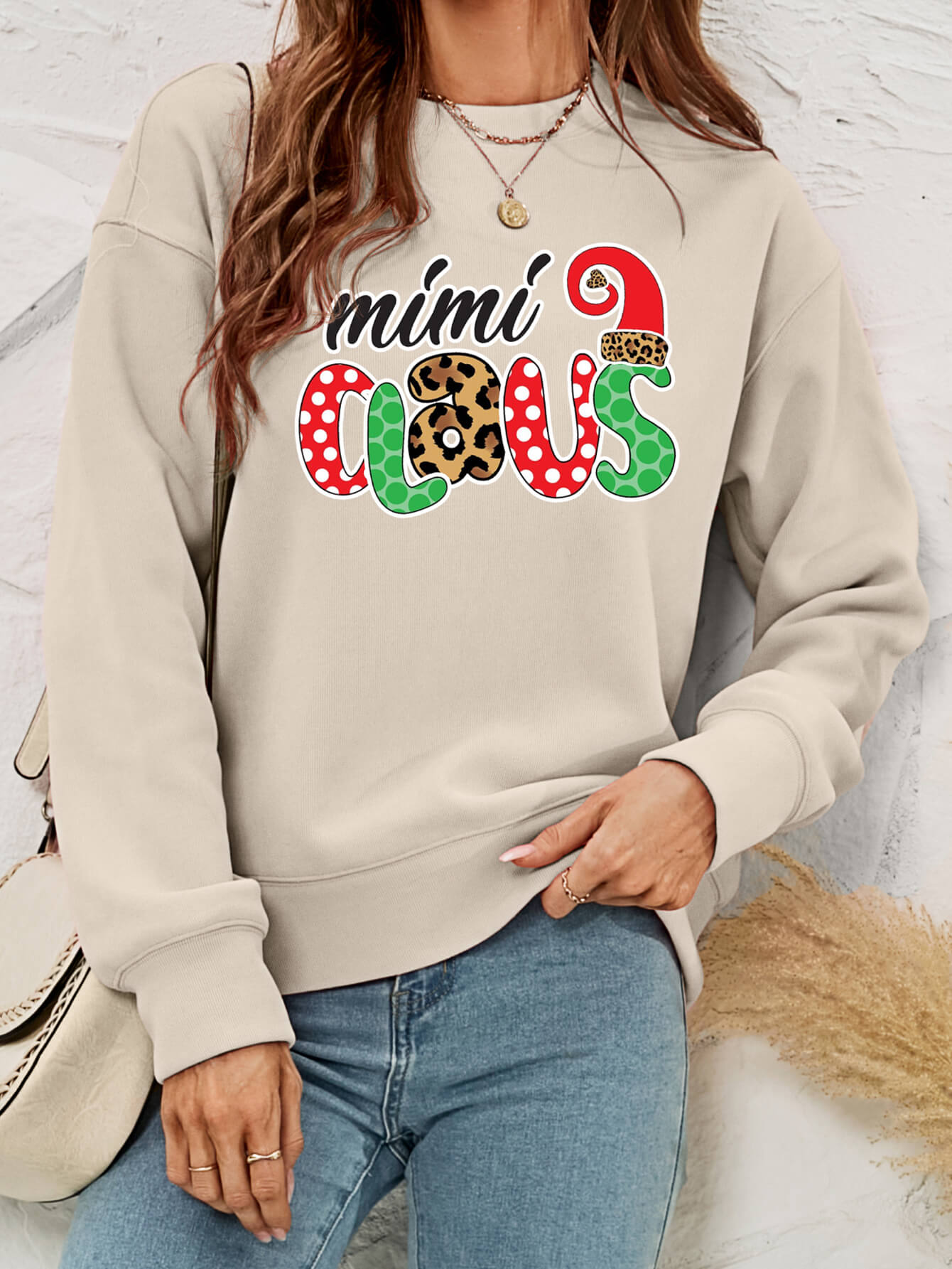 Mimi Clause Polka Dot Graphic Dropped Shoulder Sweatshirt