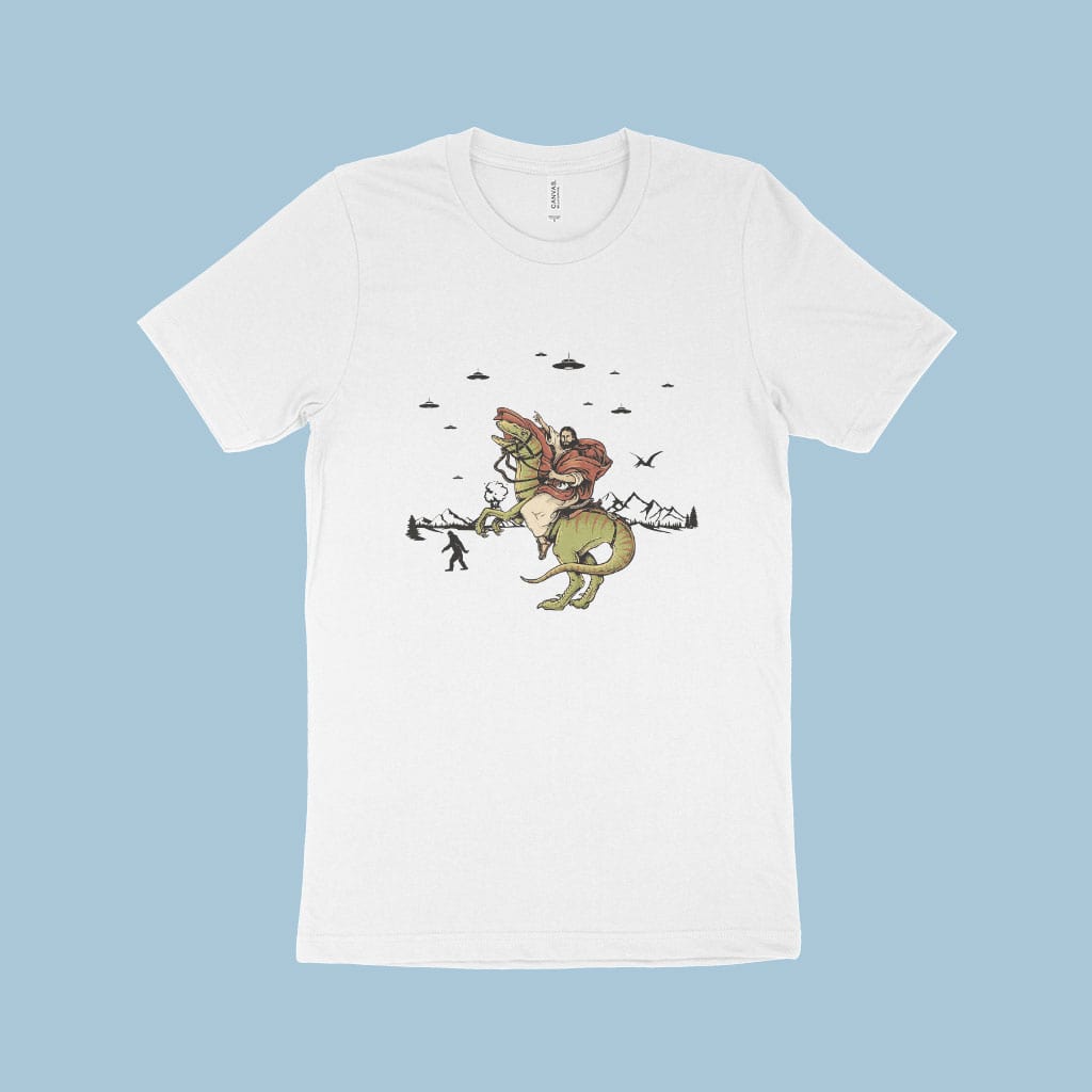 Jesus Riding Dinosaur T-Shirt Made in USA