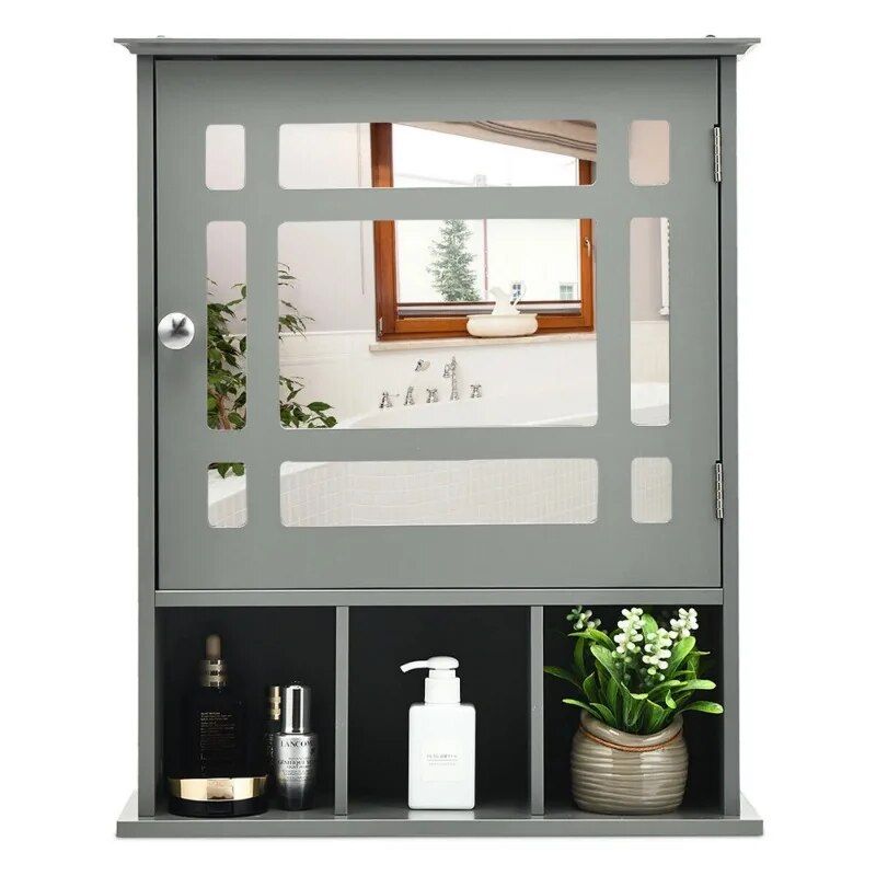 Elegant Grey Wall-Mounted Mirrored Medicine Cabinet with Adjustable Shelf