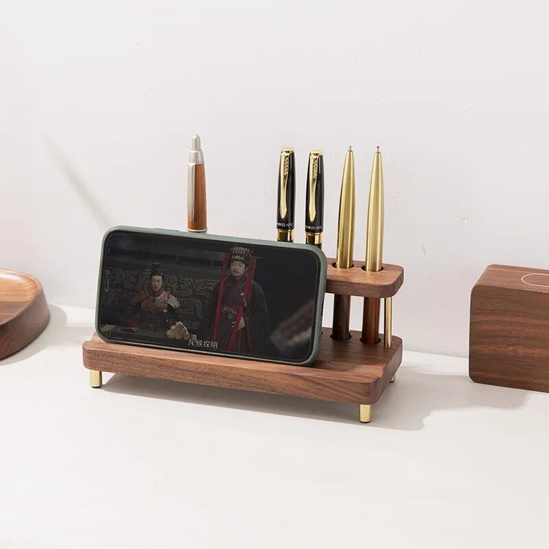 Elegant Black Walnut Wood Desk Organizer for Phones, Tablets, and Stationery