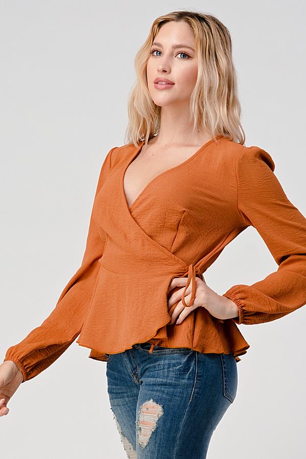 Surplice Tie Waist Long Sleeves Peplum Hem Blouse