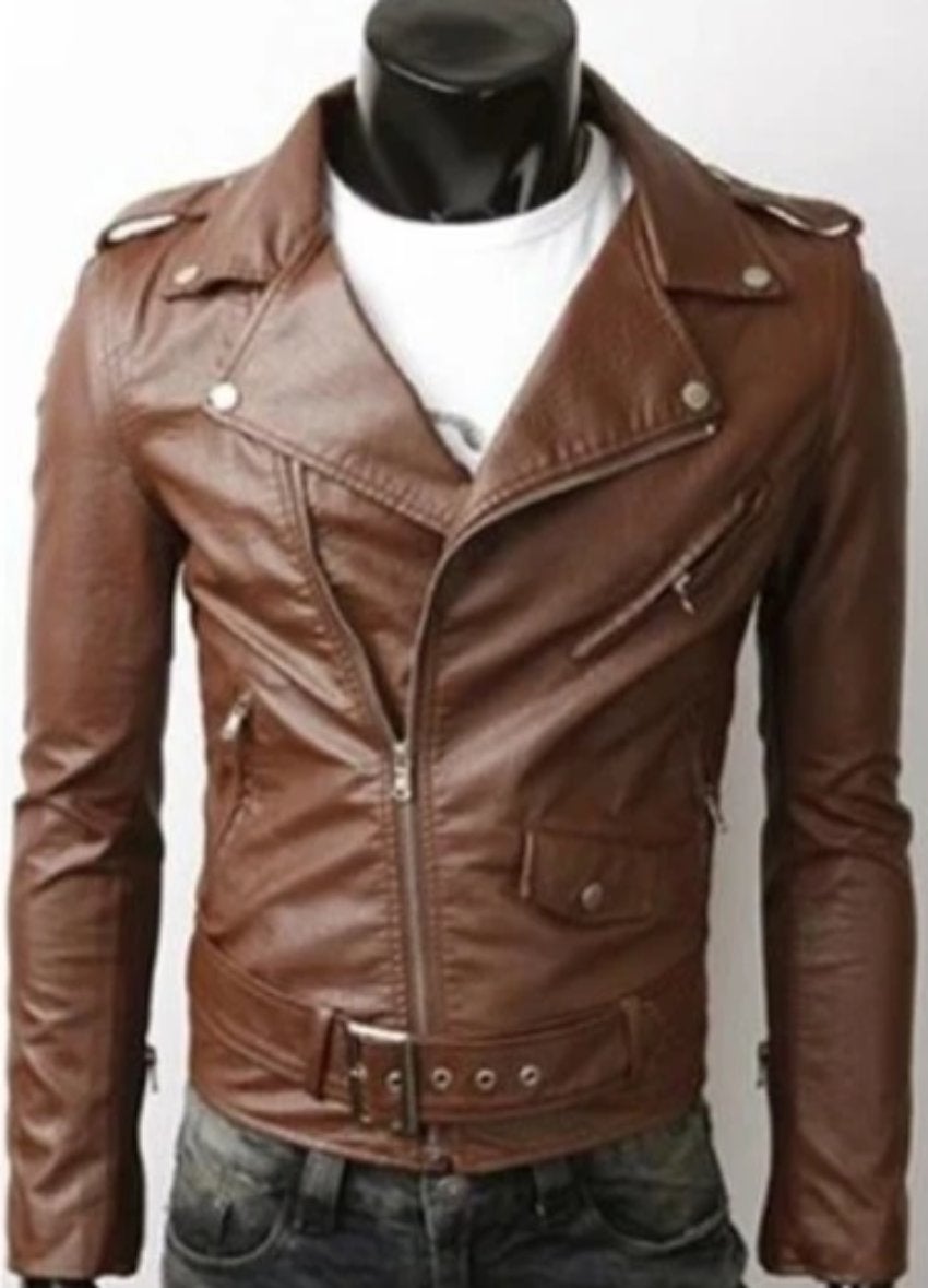 Mens Vegan Leather Motorcycle Jacket in Brown | Yellow Pandora