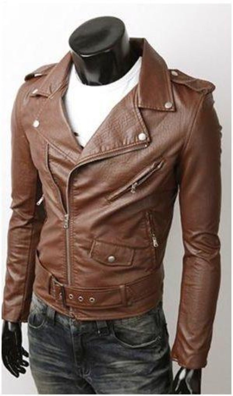 Mens Vegan Leather Motorcycle Jacket in Brown