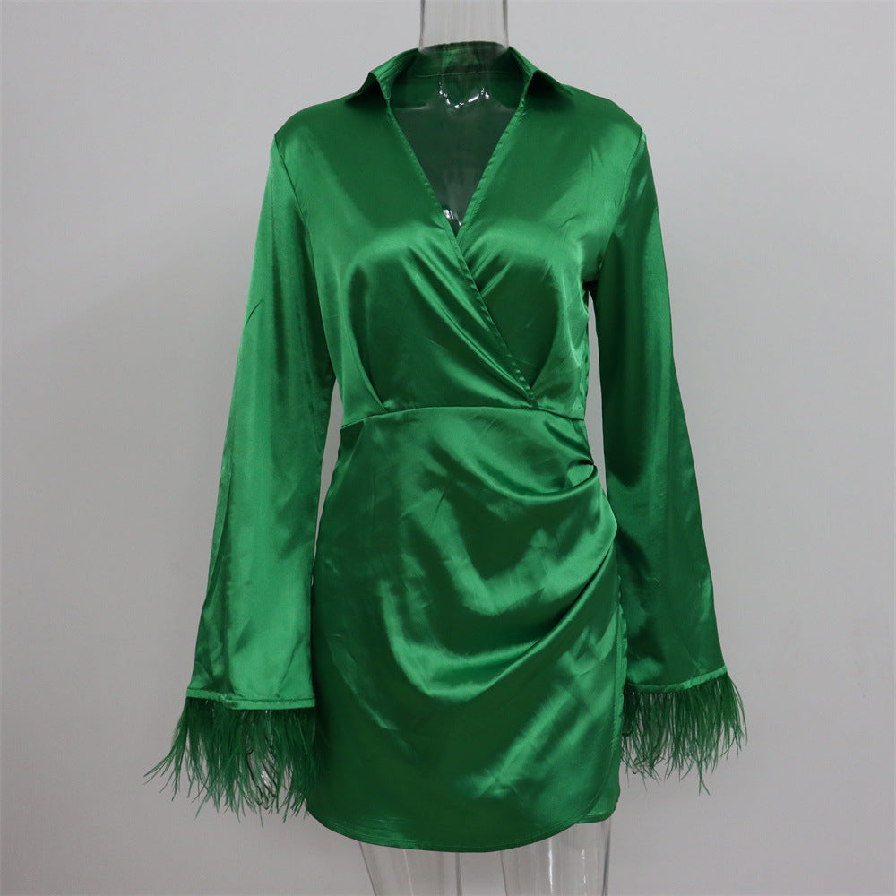 New Paneled Feather V-Neck Waist Dress