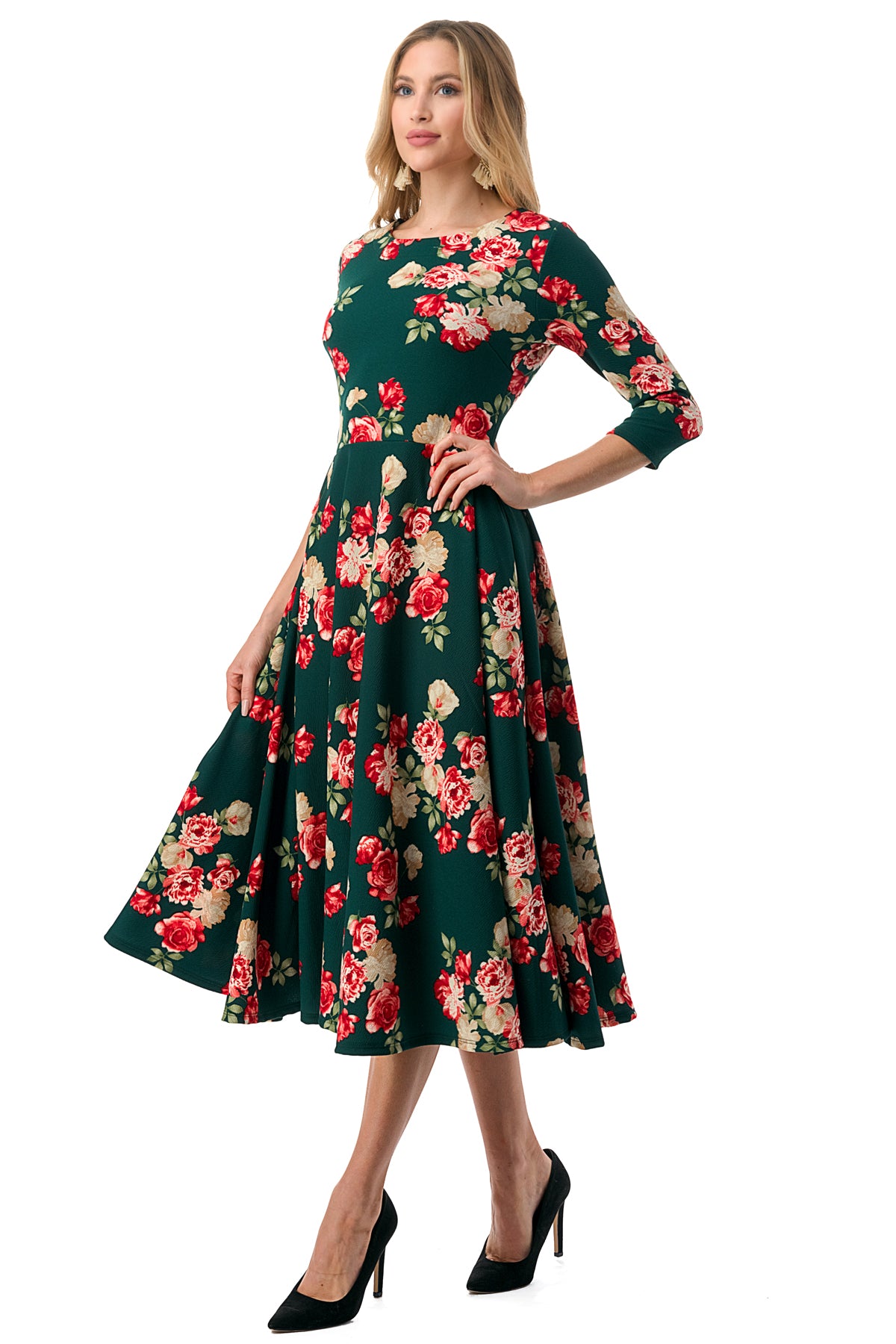 1223 Floral Midi Dress with a Round Neck, Side Pockets.