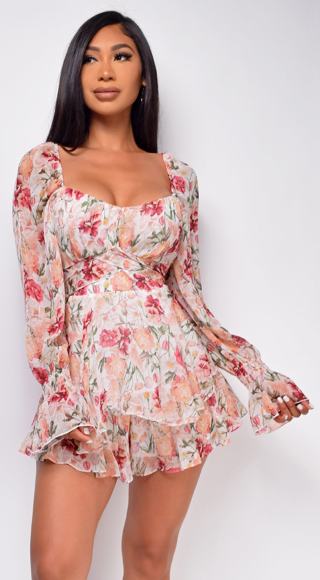 New Sexy Backless Square Neck Long Sleeve Floral Jumpsuit