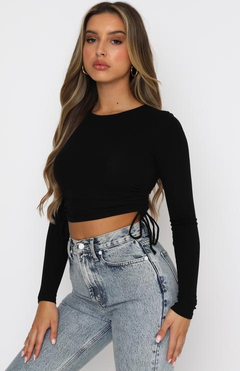 Trendy Drawstring Crew Neck Long Sleeve Cropped Navel T-Shirt