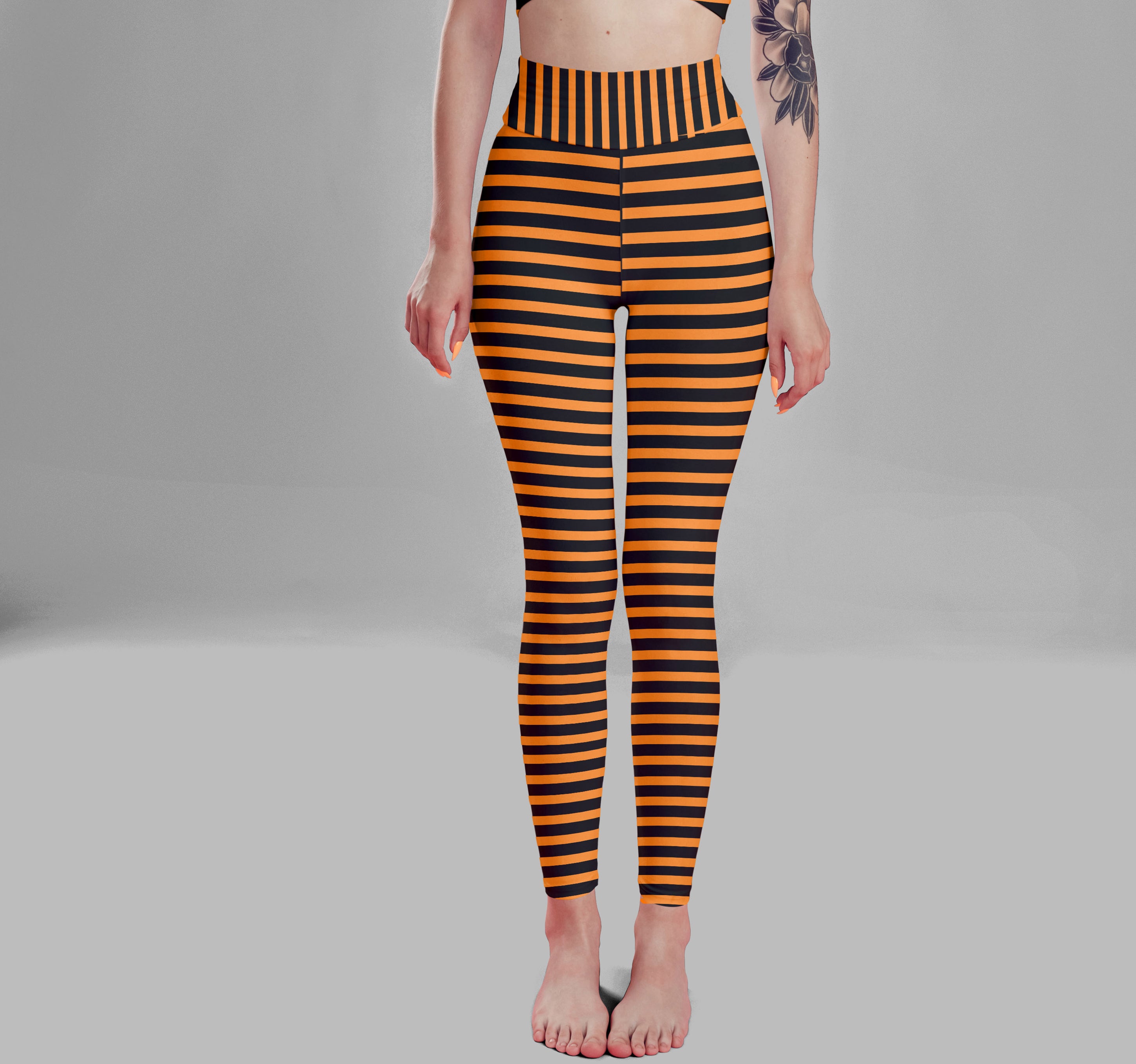 High Waist Orange Black Striped Leggings | Lavender Millie