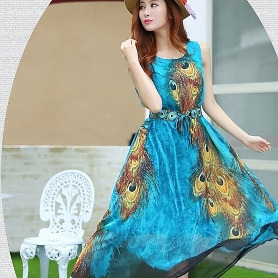 Sleeveless Peacock Theme Long Dress | Yellow Pandora