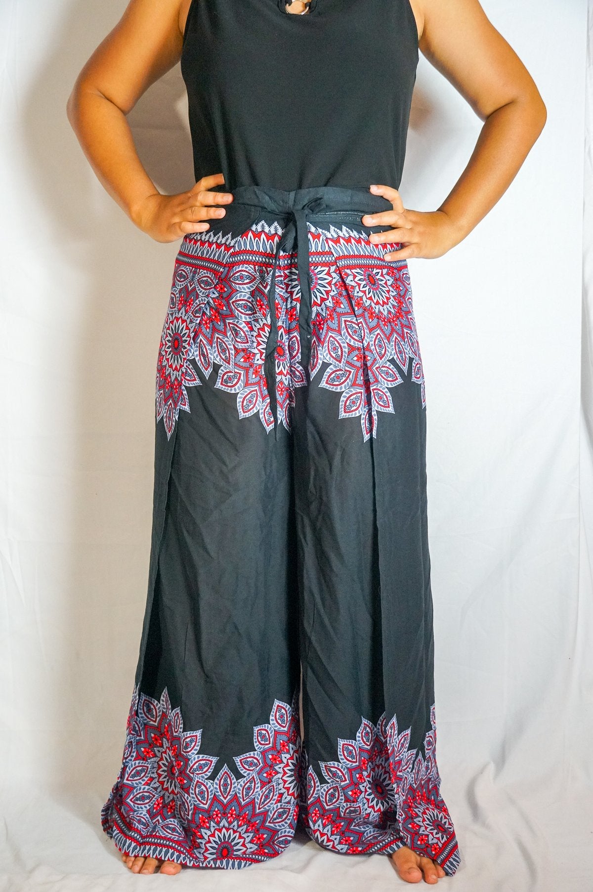 Black Floral Palazzo Wrap Pants, Hippie Pants, Boho Harem Flow Pants