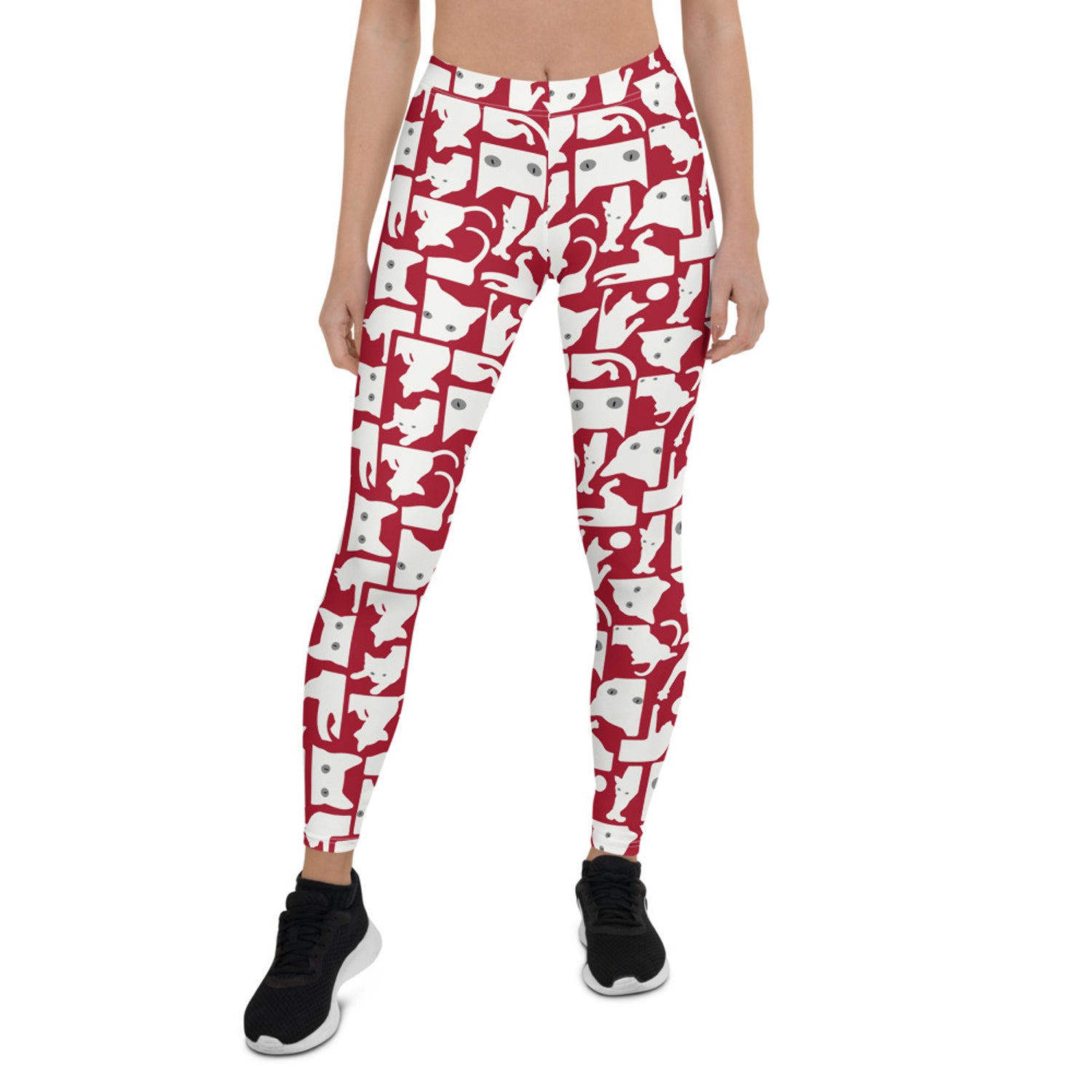 Womens White Cat Silhouette on Red Leggings | Maroon Sooty