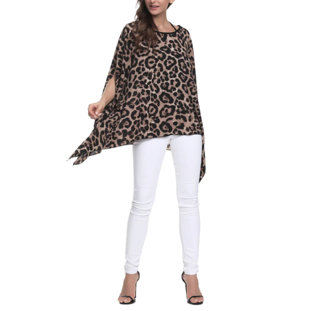 Womens Leopard Print Batwing Chiffon Top