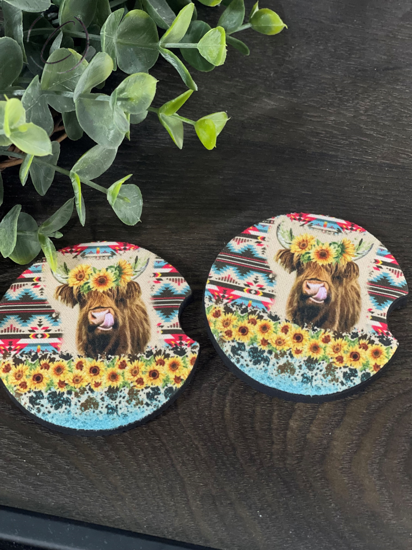 Aztec Sunflower Highland Cow Car Coaster Set