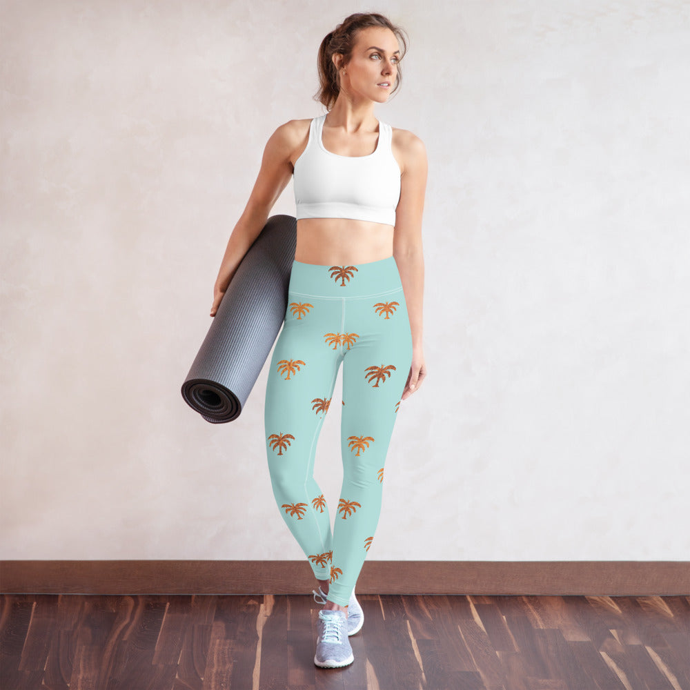 High Waist Light Blue Gold Palm Tree Leggings