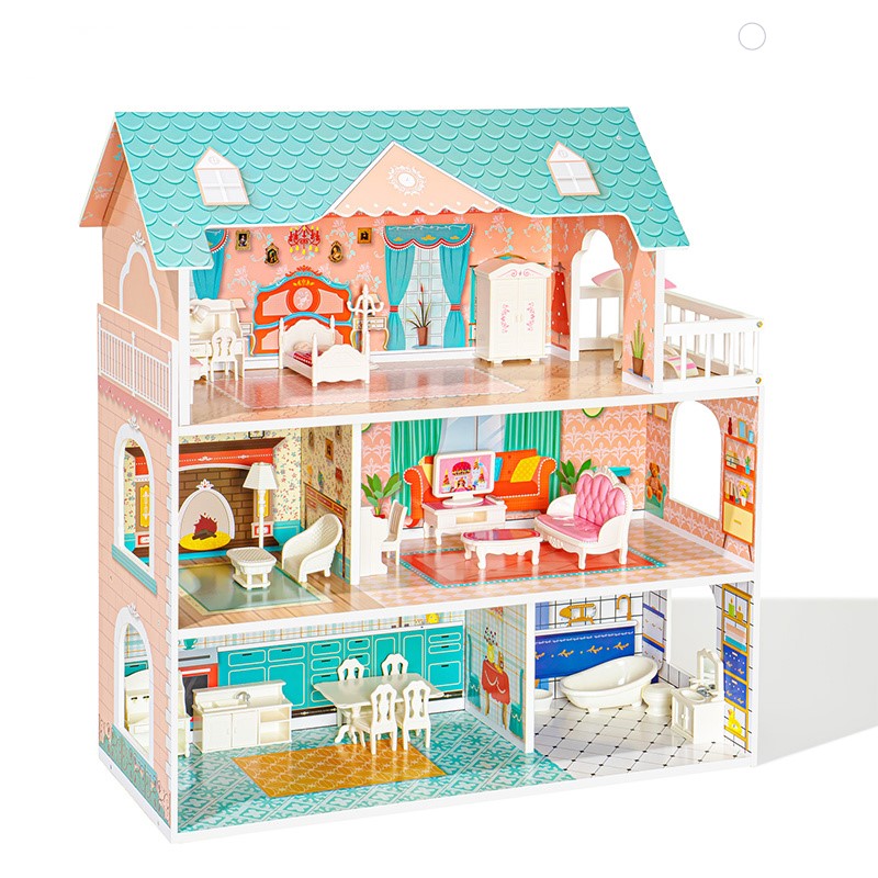 Big Wooden Dollhouse with Furniture Doll House Play Set