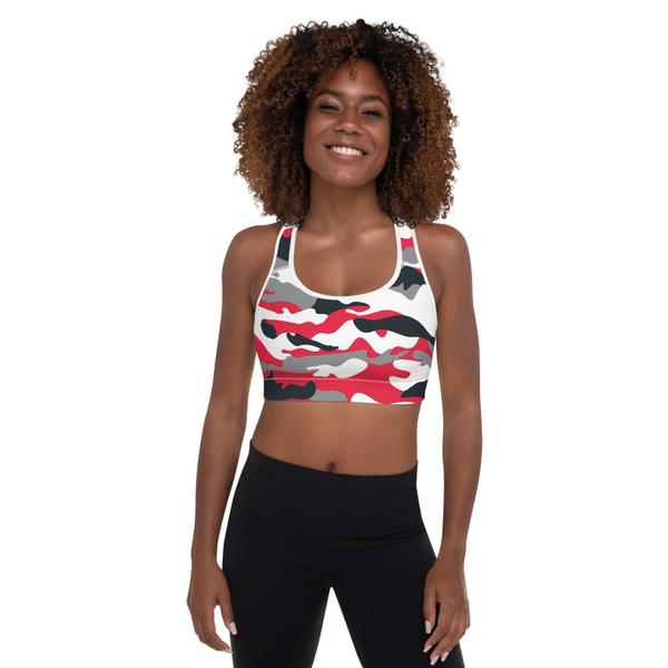 Red Black Silver Padded Camo Sports Bra