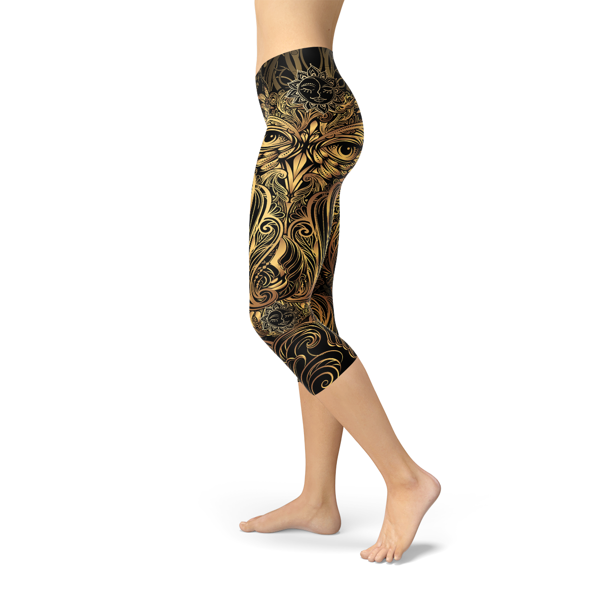 Womens Golden Ornament Owl Capri Leggings