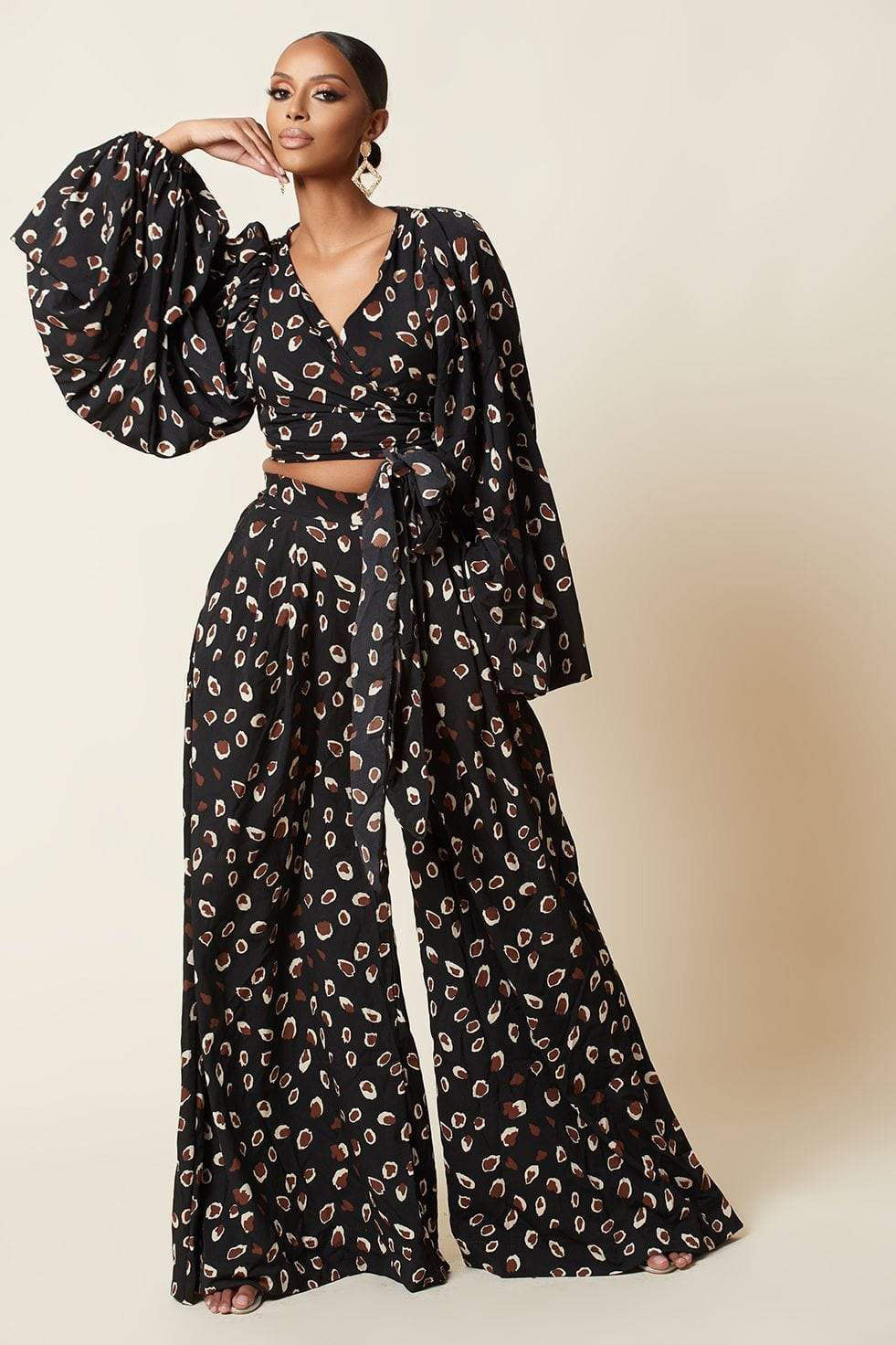 New Digital Printing Bind Lantern Long Sleeves Wide-Legged Pants Suit | Carmine Aether