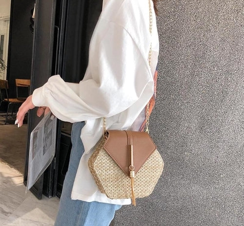 Fashion Hexagon Mulit Style Straw+pu Bag Handbags