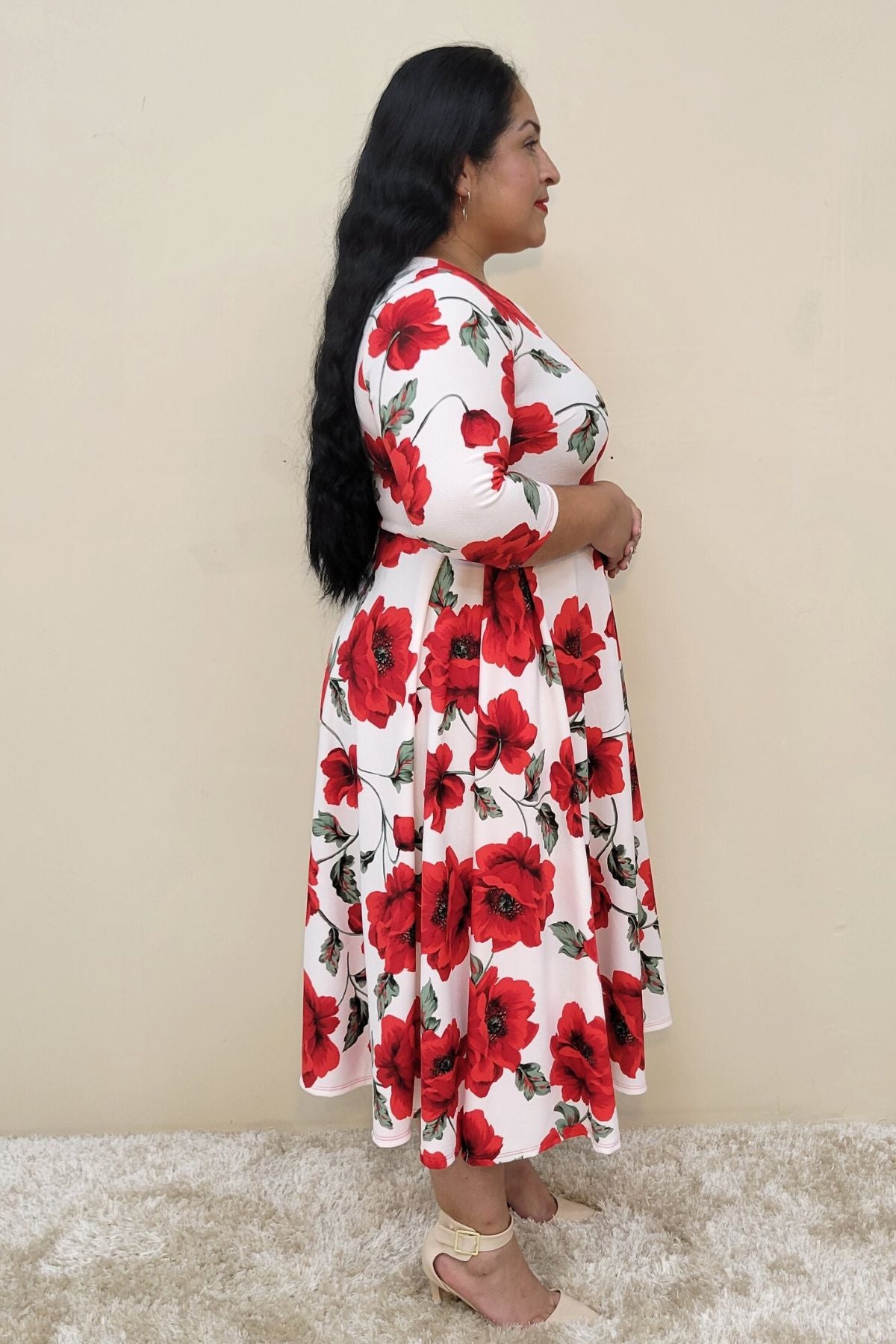 1223 Plus Size Floral Midi Dress, round neck, pockets