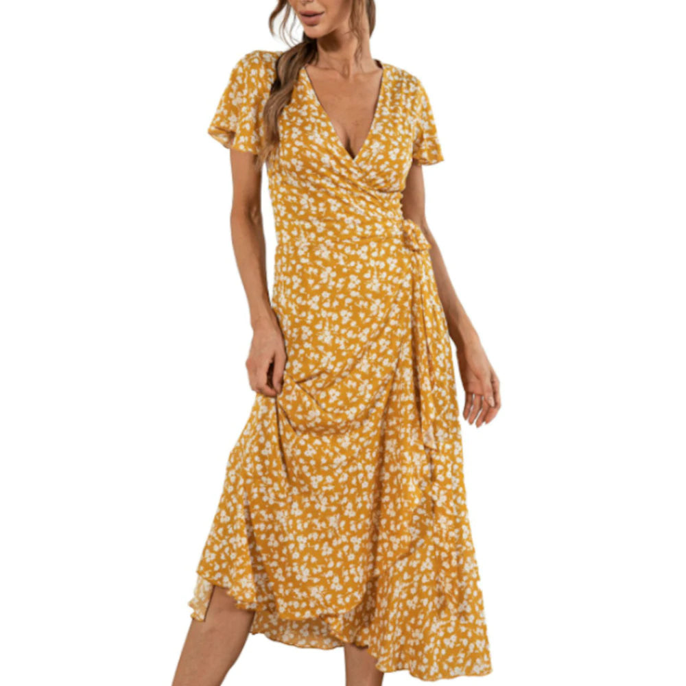 Womens Floral Maxi Dress With Cap Sleeves