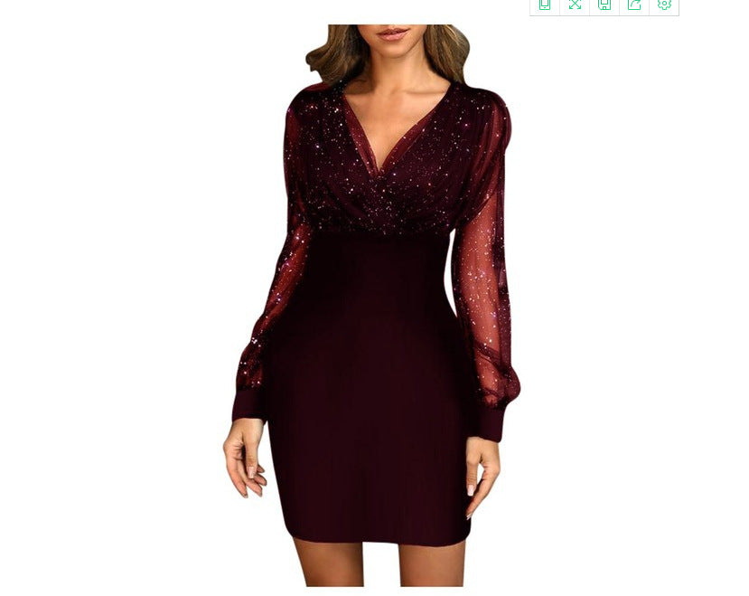 Mesh V-Neck Sequin Dress Slim Fit Sexy Dress