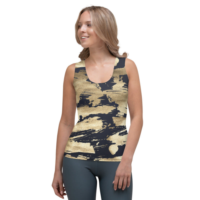 Shimmery Navy Gold Abstract Brush Tank Top