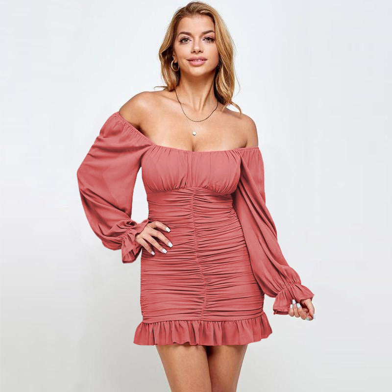 New Ruffled Pleated Sexy Off-the-shoulder Long Sleeve Dress