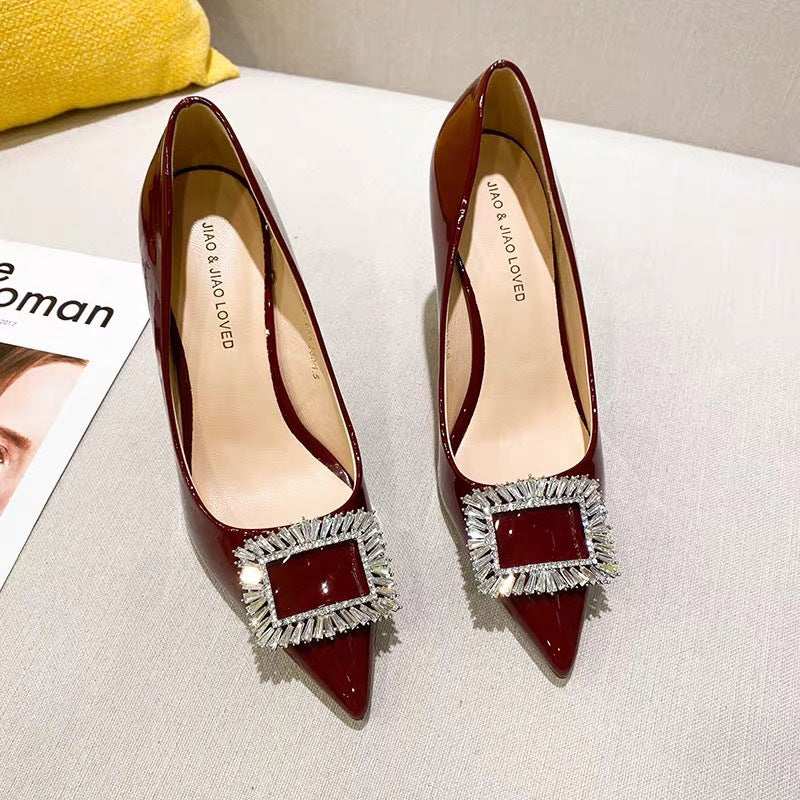 New rhinestone square buckle patent leather stiletto pointed toe pumps